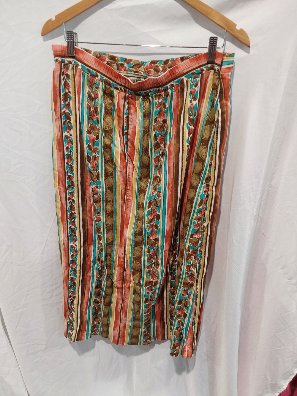 Requirements Multicolor Striped Floral Midi Skirt With in Coral, Olive & Teal.